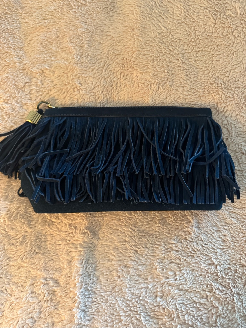 India Hicks Navy Suede Fringe Wristlet Clutch with Gold Hardware